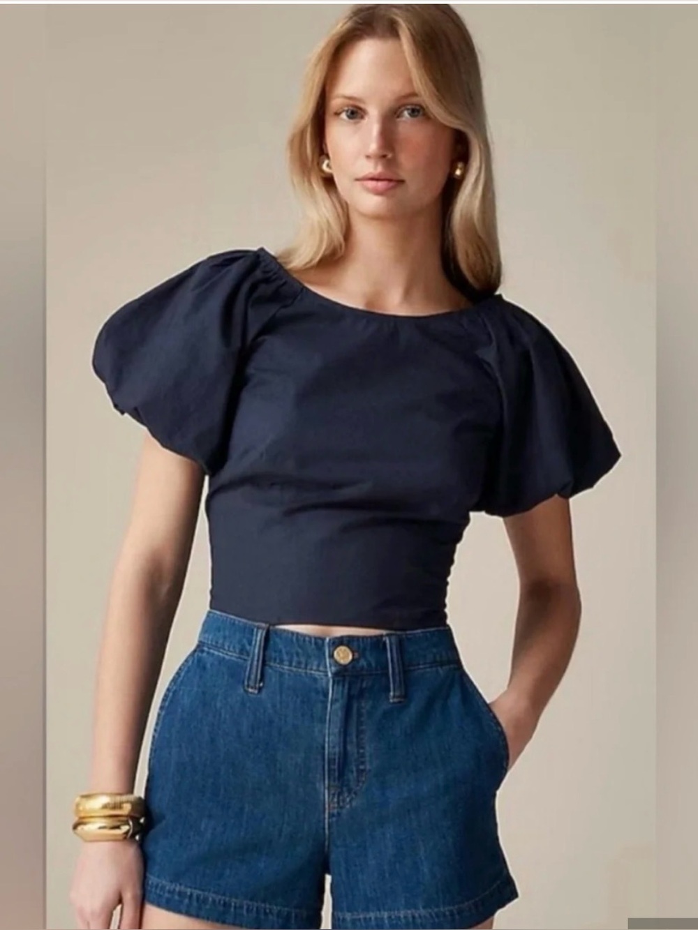 J. Crew Fitted Puff Sleeve Top in Navy Blue Women Size 8